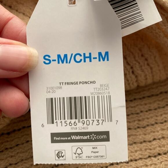 Time & Tru NWT Women's S/M Boho Cottagecore Ribbed Fringe Poncho Winter Comfy - Picture 6 of 9